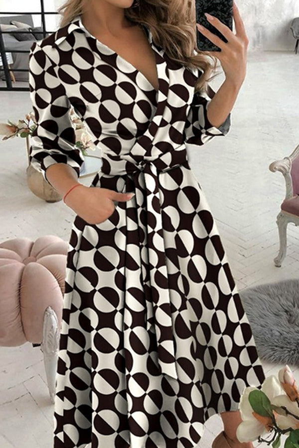 GR | Finde Dich Gut Bedrucktes Gürtel Hemd Midi Kleid