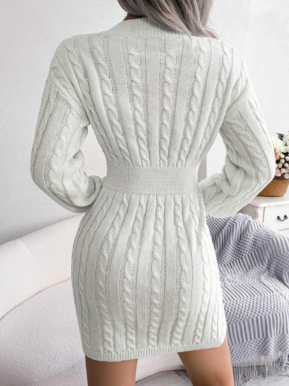 GR | Schicke Herbst Kabelstrick V-Ausschnitt Mini Kleid für Frauen