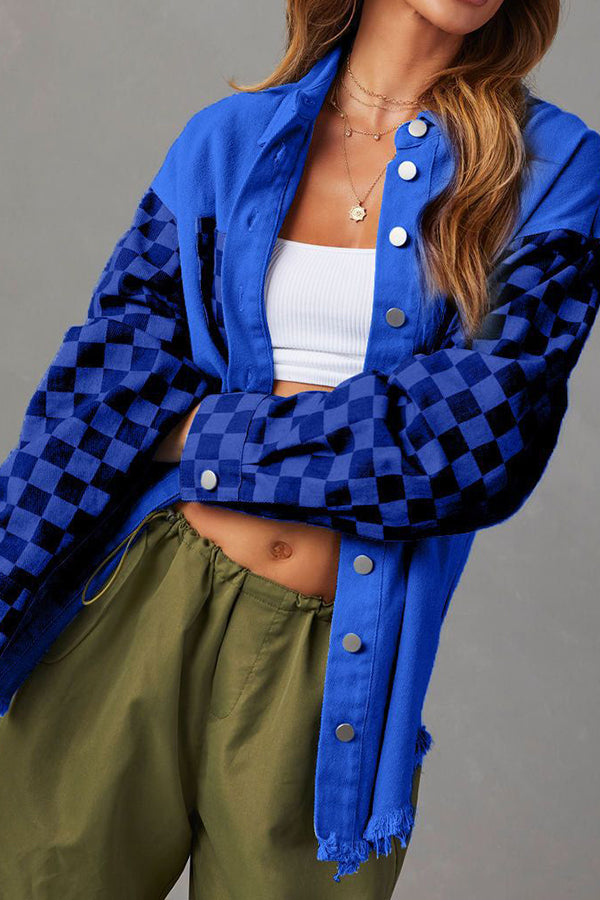 GR | Fashionable Casual Loose Checkered Contrasting Raw Edge Denim Jacket