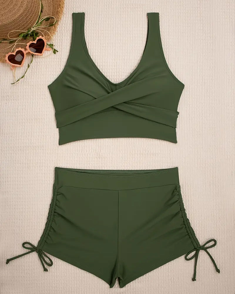 GR | Bikini Set Two Pieces Solid Color Boxer Shorts Lace-up