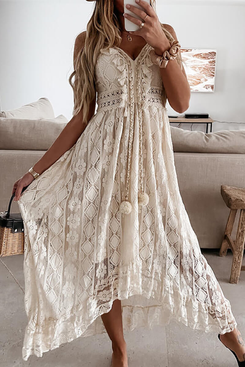 GR | Midi-Kleid Lachsfarben mit Spitze und Rüschen