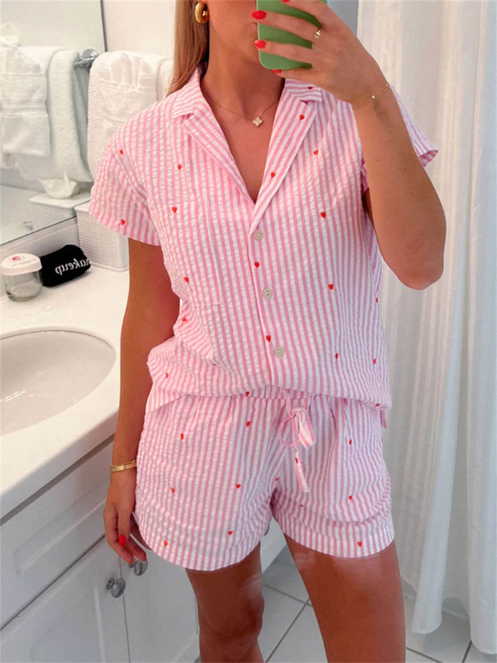GR | Two-piece pajama set with button-down shirt and shorts with elastic waistband