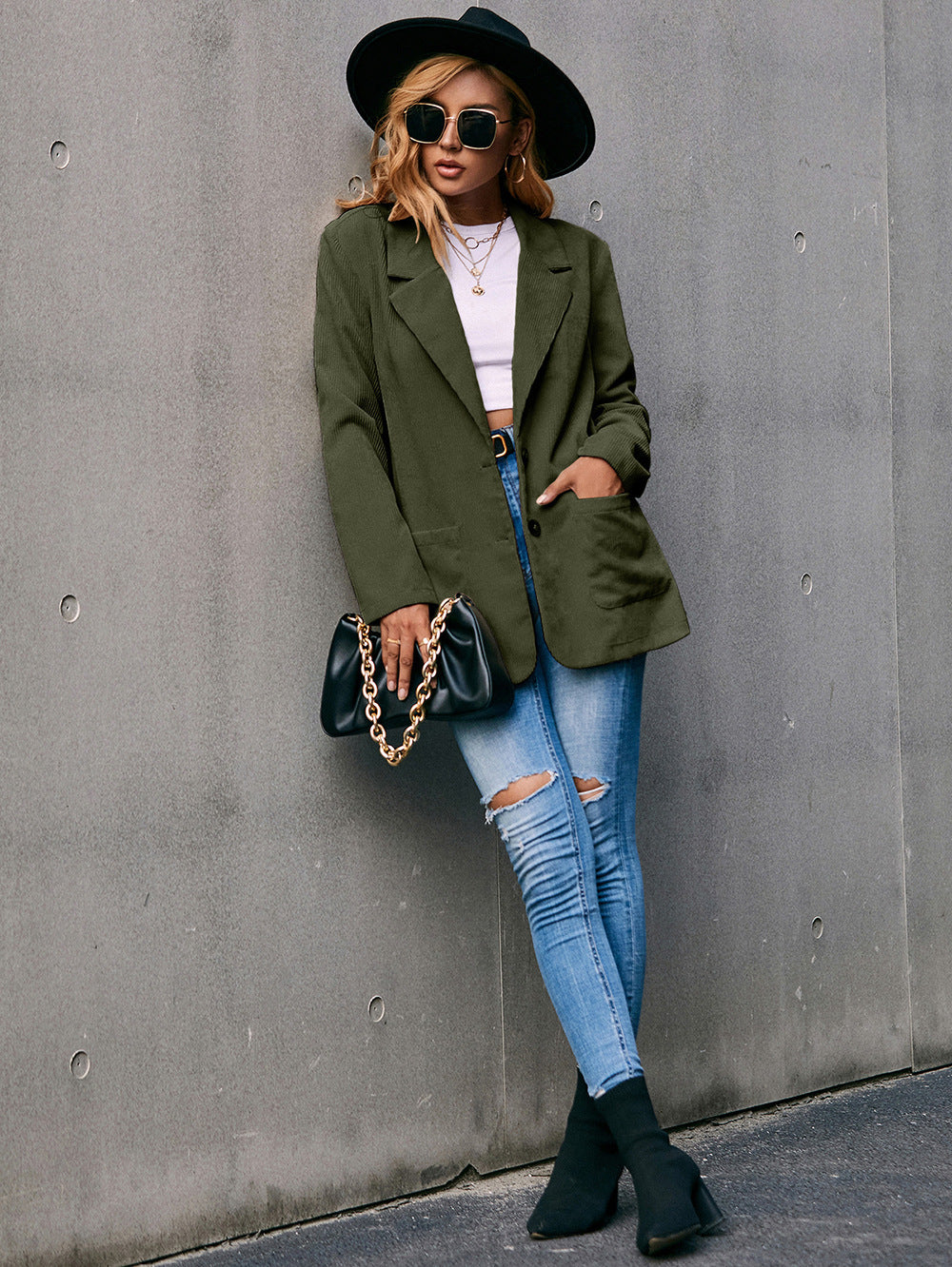 GR | Corduroy Long-Sleeve Longline Blazer with Pockets