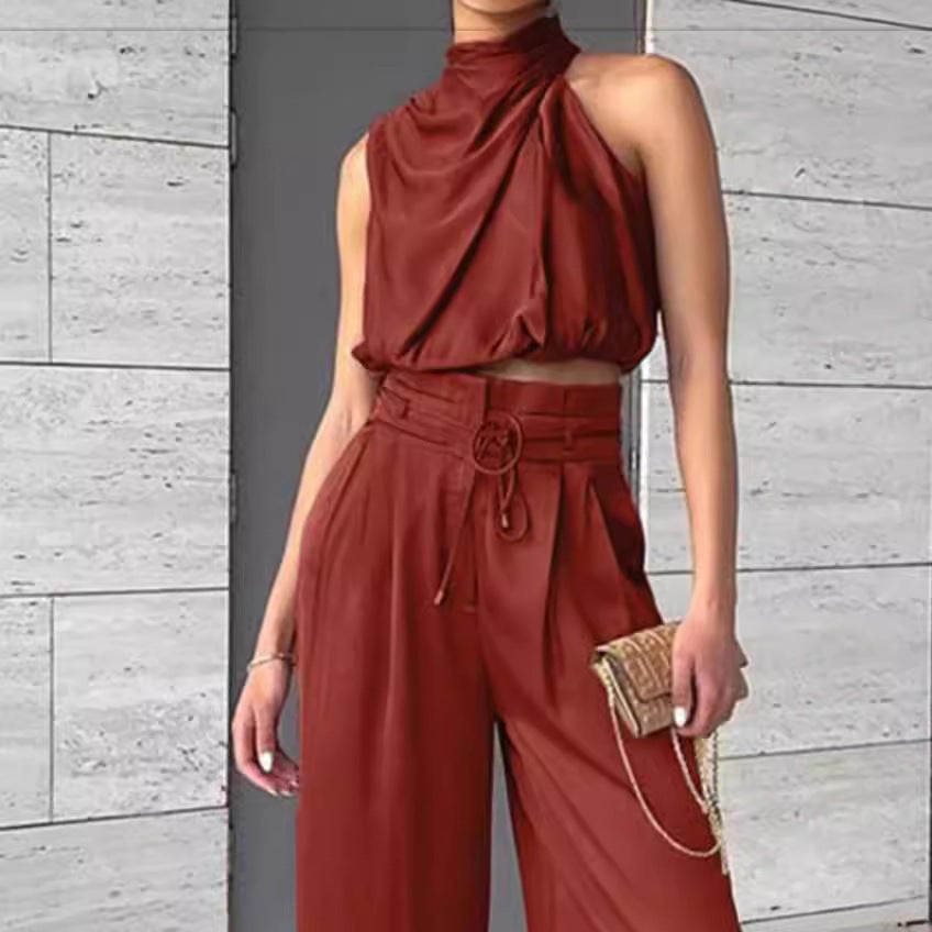 GR | Casual Sleeveless Top with Midriff and Wide Legs 2-Piece Set Women's Clothing