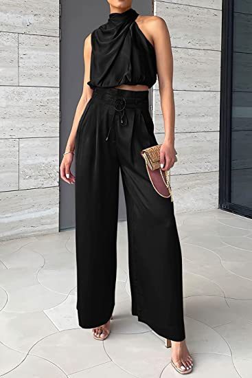 GR | Casual Sleeveless Top with Midriff and Wide Legs 2-Piece Set Women's Clothing
