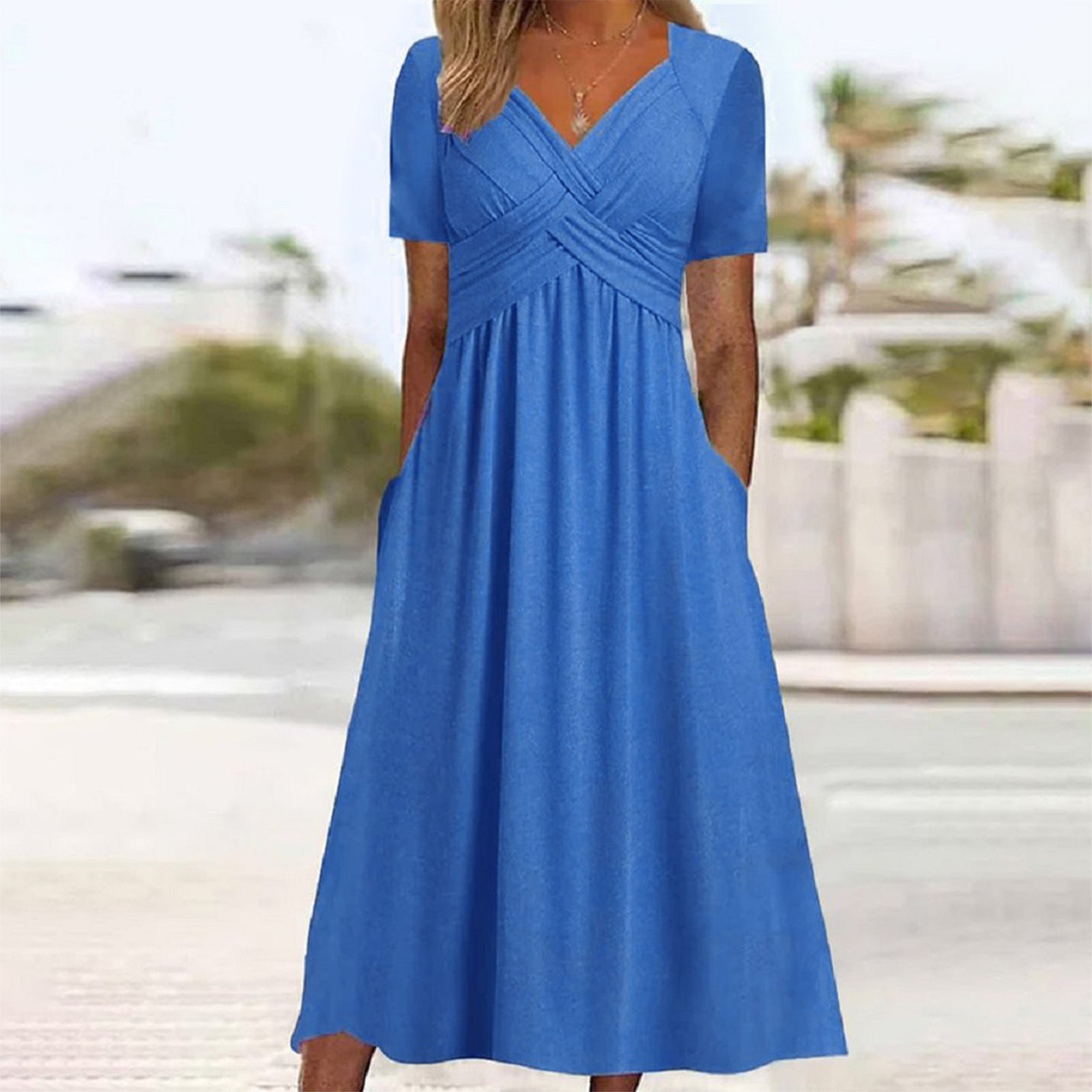 GR | Blaues, Schlichtes Midikleid Mit V-ausschnitt