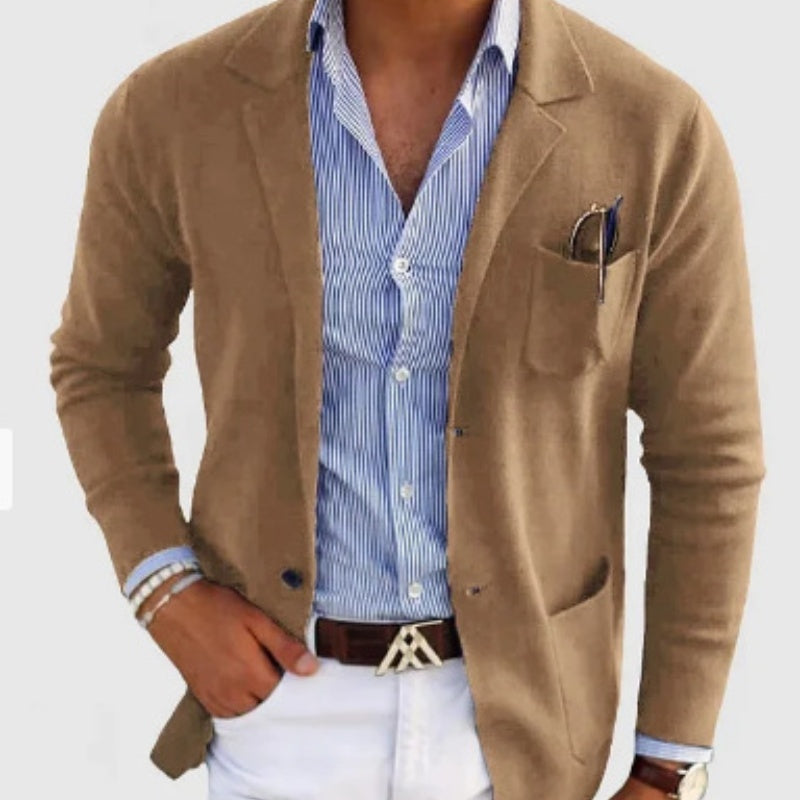 GR | Men's Cardigan with Casual Buttons, Pockets and Notched Collar, Solid Color, Long Sleeves