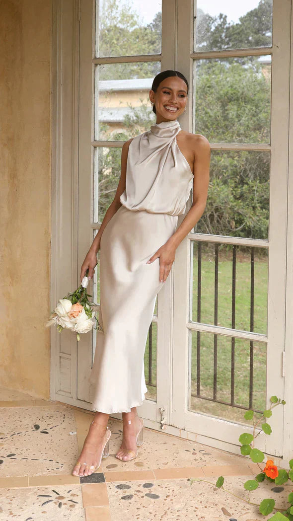 GR | Elegantes Satin Midikleid Mit Drapiertem Ausschnitt Für Damen
