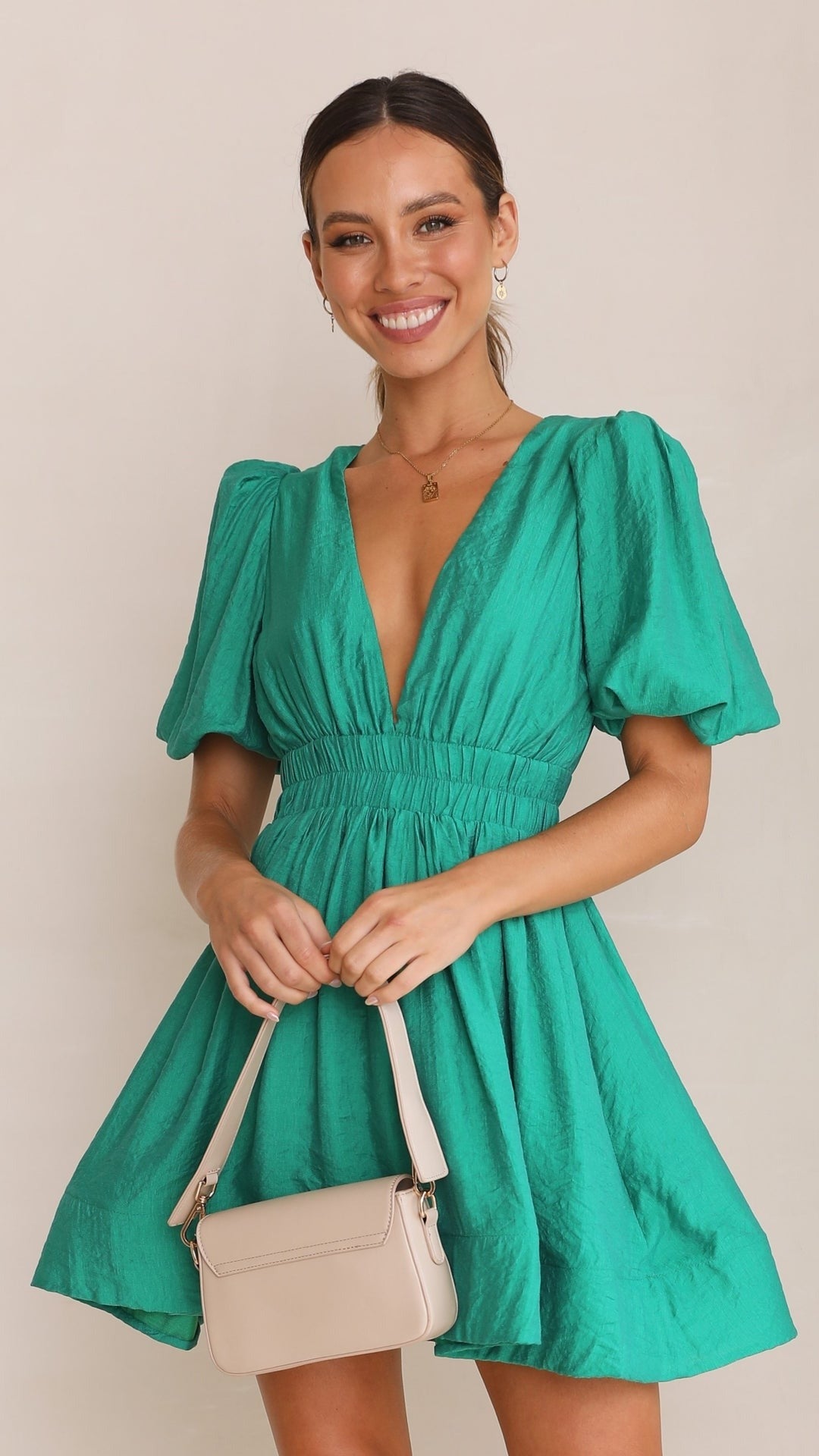 GR | Minikleid mit V-Ausschnitt und Puffärmeln für Damen
