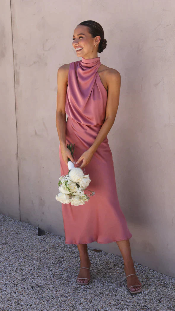 GR | Elegantes Satin Midikleid Mit Drapiertem Ausschnitt Für Damen