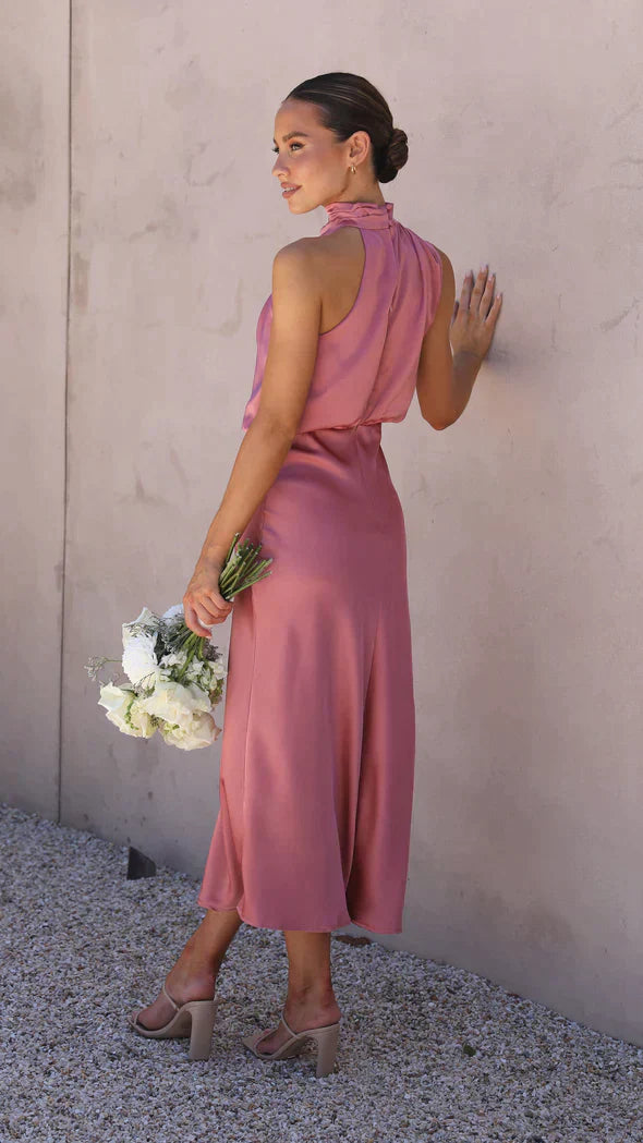 GR | Elegantes Satin Midikleid Mit Drapiertem Ausschnitt Für Damen