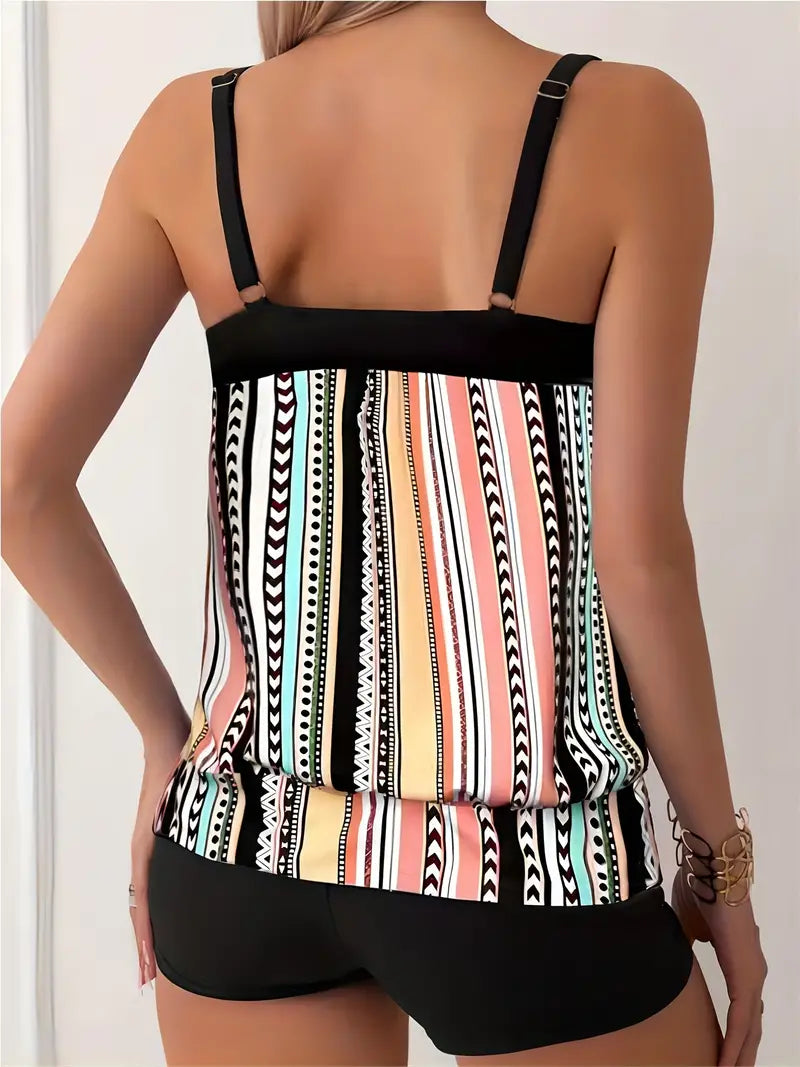 GR | Striped tankini with print 