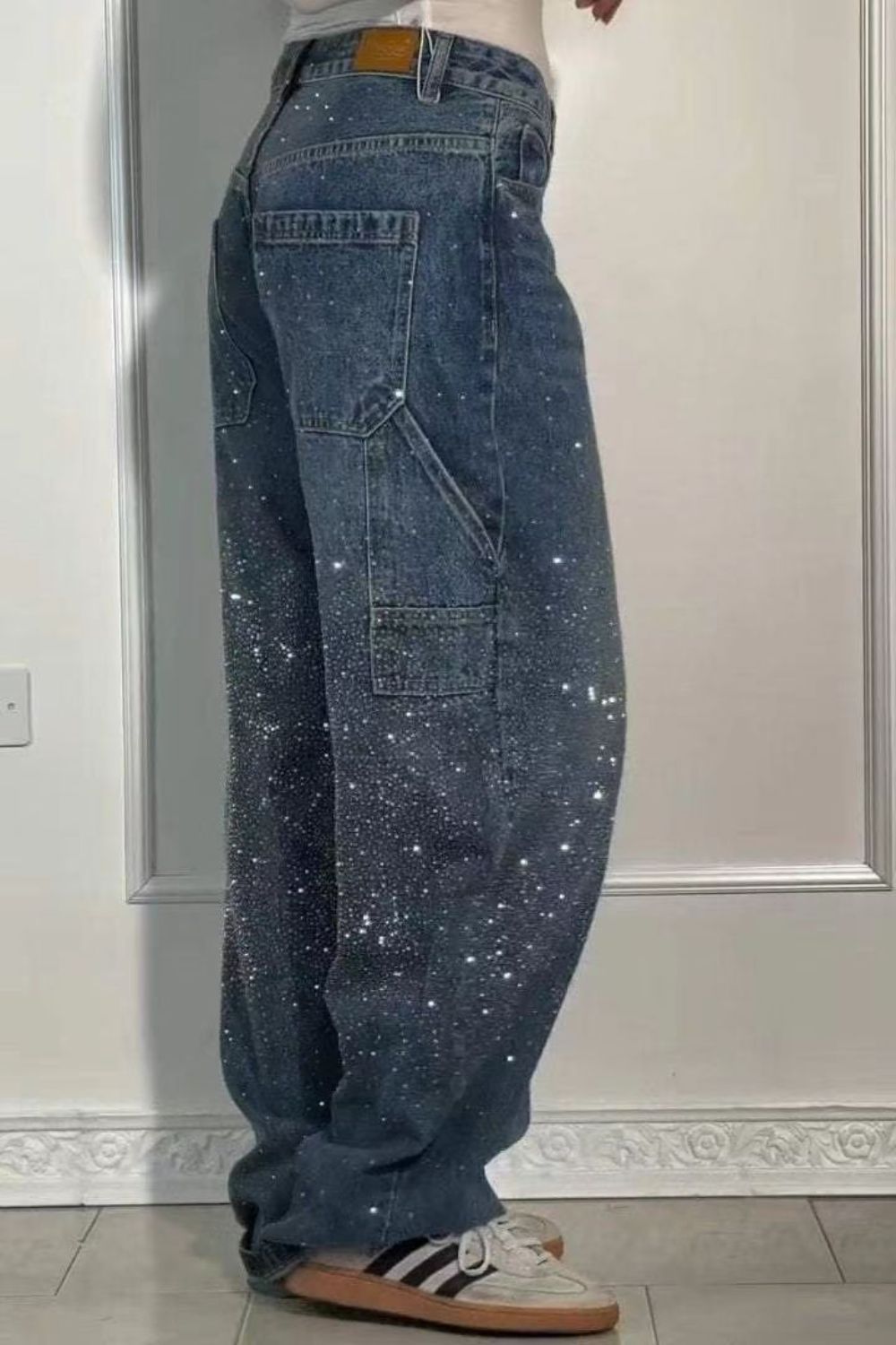GR | Women's Washed Jeans with Rhinestone Details, Wide Fit