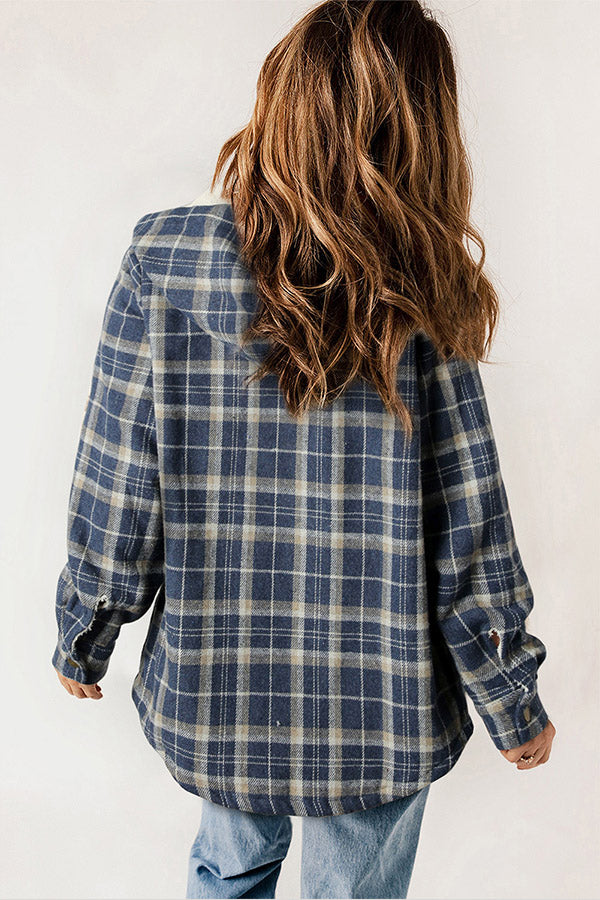 GR | Snap Button Sherpa Fleece Lined Hooded Flannel Jacket