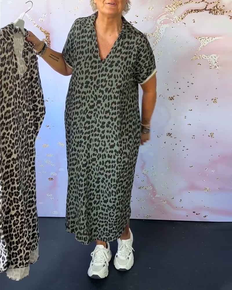 GR | Kurzärmliges Kleid mit Leopardenmuster und V-Ausschnitt