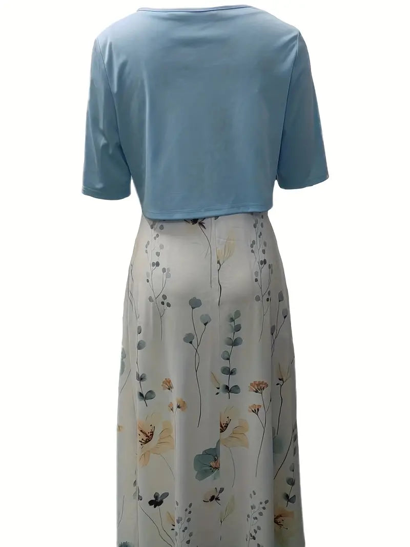 GR | Elegante Zweiteilige Blumenkleid-Set mit Einfarbigem Crop-Top und Rundhalskleid