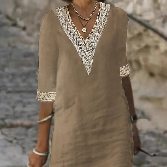 GR | Simple cotton linen dress with V-neck and half sleeves