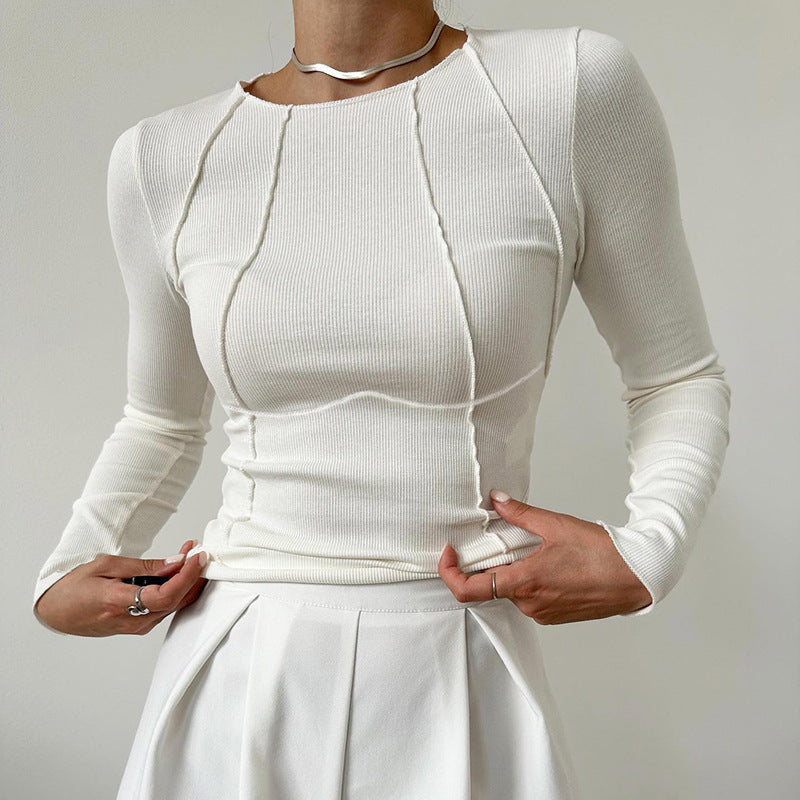 GR | Fit long-sleeved T-shirt - Women's solid color split sweater with knit pattern
