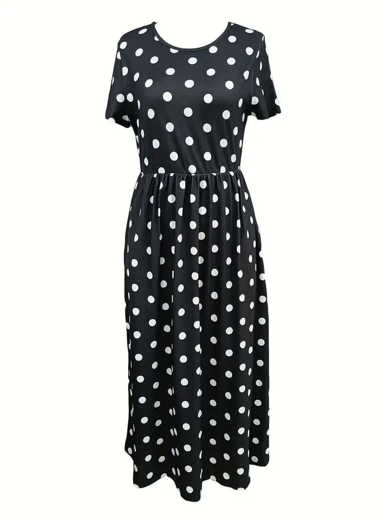 GR | Airy, short-sleeved, polka-dotted dress with a round neckline