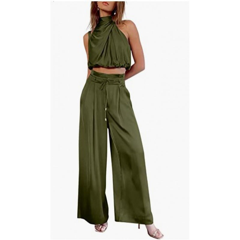 GR | Casual Sleeveless Top with Midriff and Wide Legs 2-Piece Set Women's Clothing