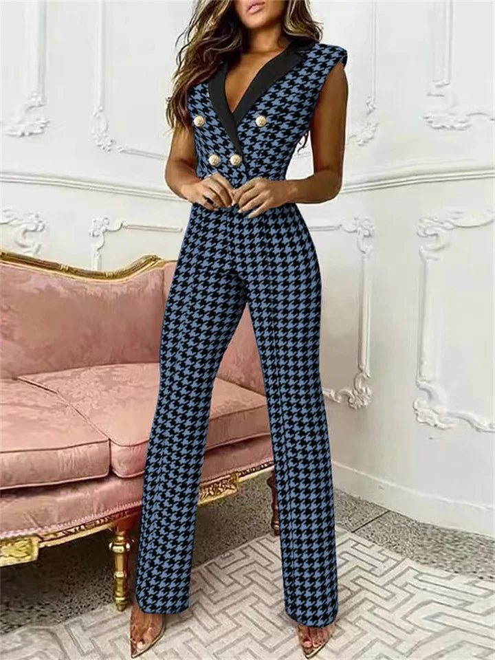 GR | Jumpsuit with V-neck and pied-de-poule print | Trendy and elegant