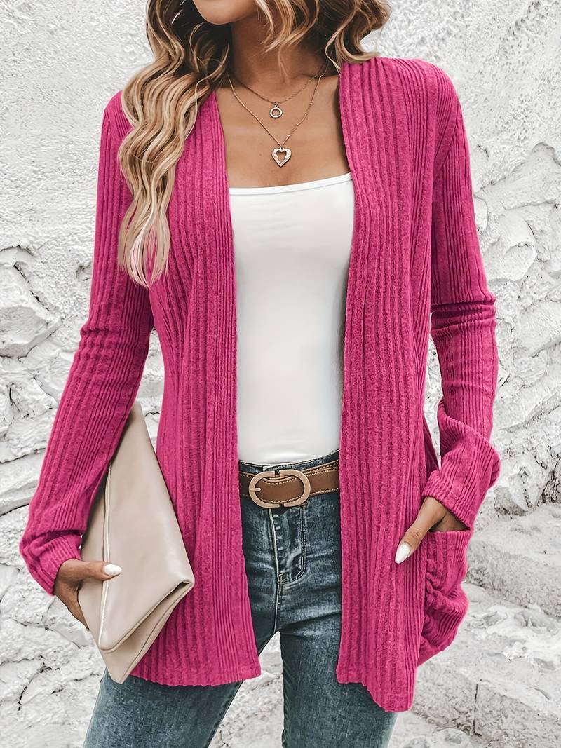GR | Langärmliger Strickjacke Mit Offener Vorderseite Und Zwei Taschen