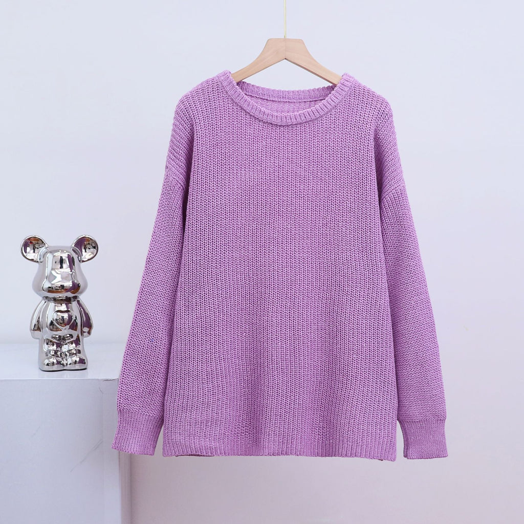 GR – Fashionable solid-color knit sweater with round neck
