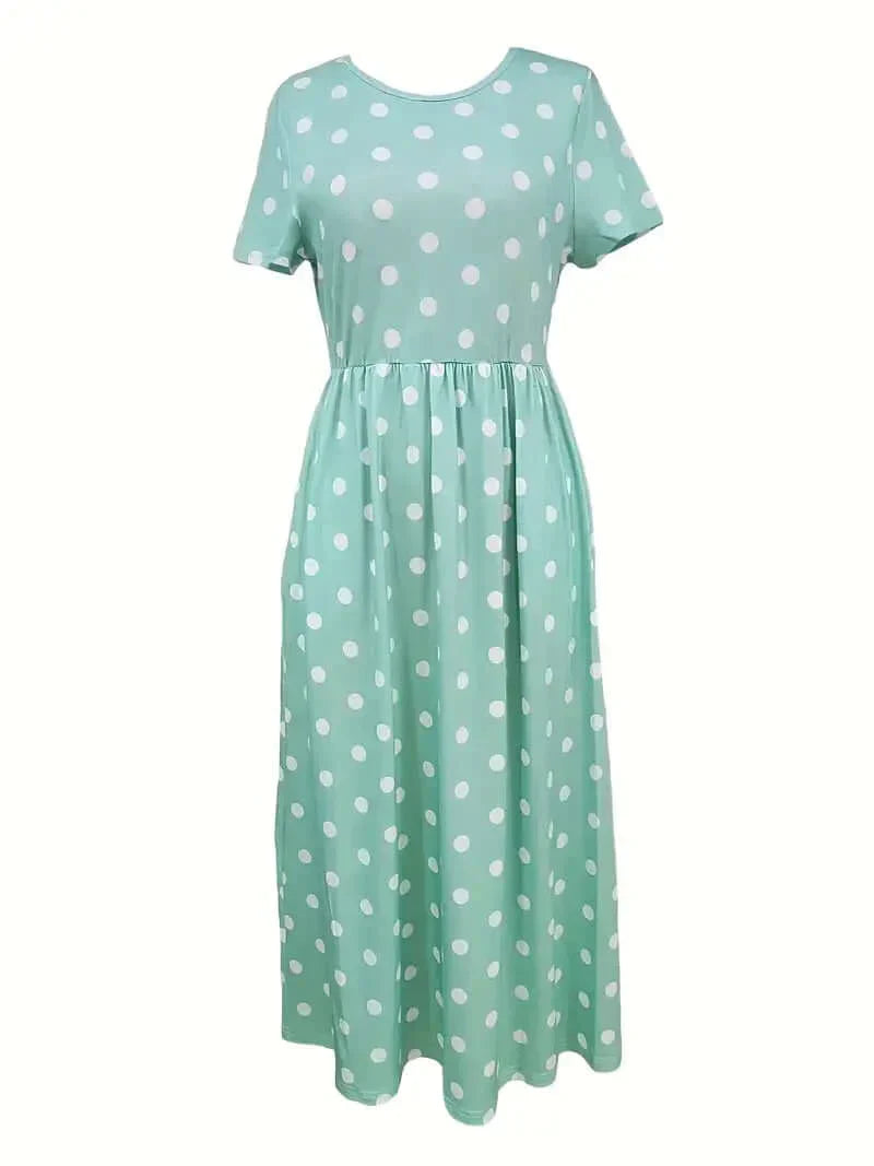 GR | Airy, short-sleeved, polka-dotted dress with a round neckline