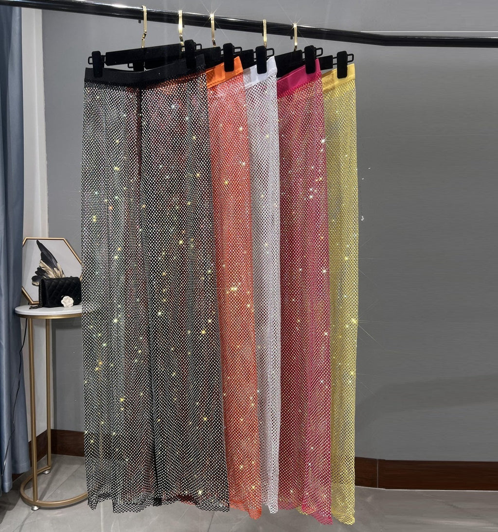 GR | Rhinestone Straight Mesh Wide Leg Slim Fit Flattering Mop Pants