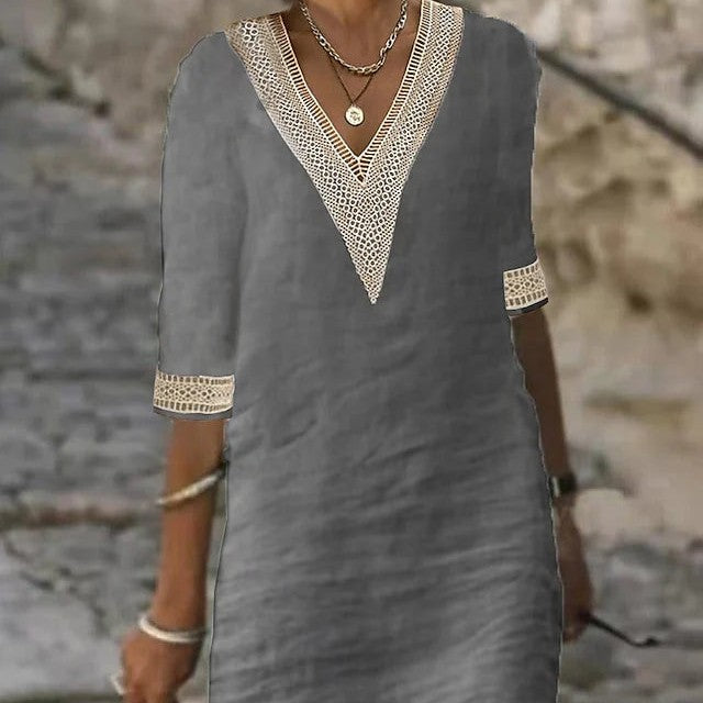 GR | Simple cotton linen dress with V-neck and half sleeves