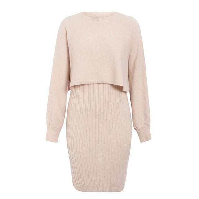 GR | teilige gestrickte Set - elegantes gestricktes ärmelloses Kleid mit Pullover für Herbst und Winter