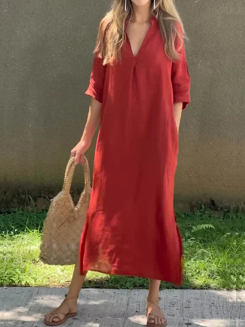 GR | Schlichte Leinenkleid mit V-Ausschnitt und Tasche