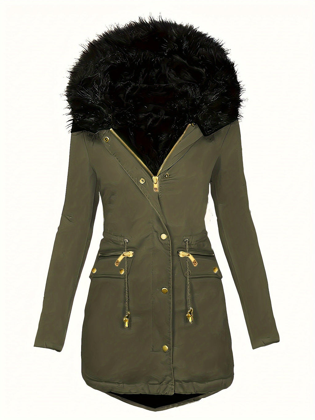 GR | Zip-up parka coat with buttons and hood, women's winter jacket