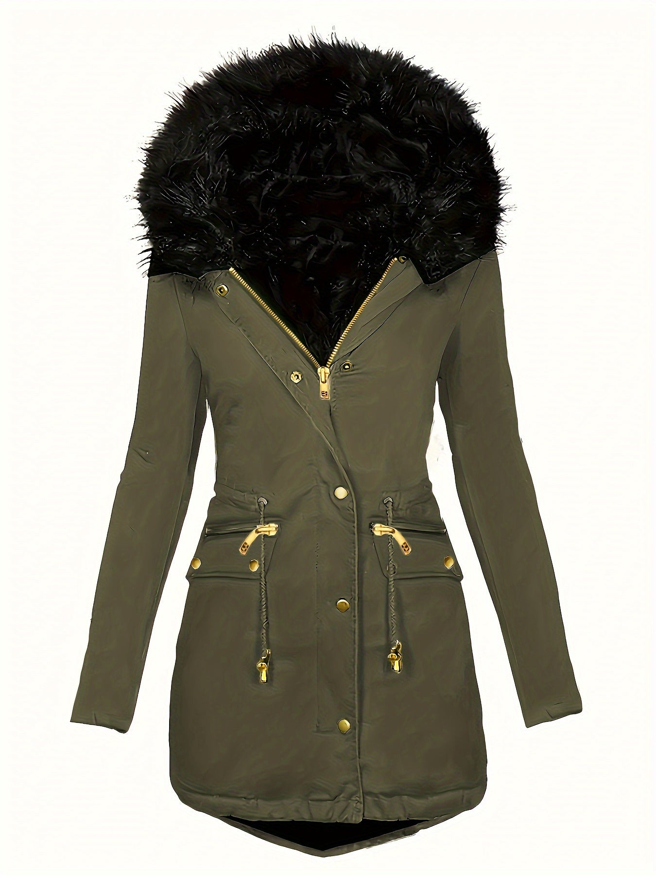 GR | Zip-up parka coat with buttons and hood, women's winter jacket