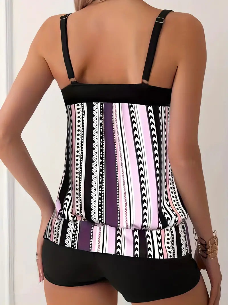GR | Striped tankini with print 