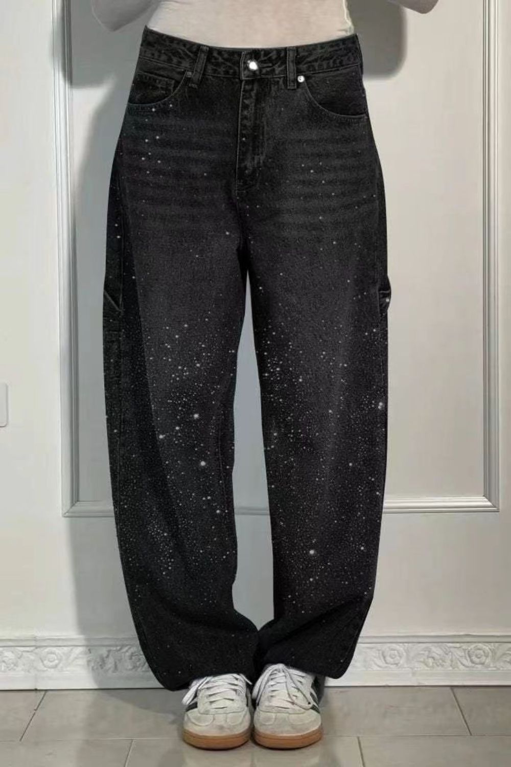 GR | Women's Washed Jeans with Rhinestone Details, Wide Fit