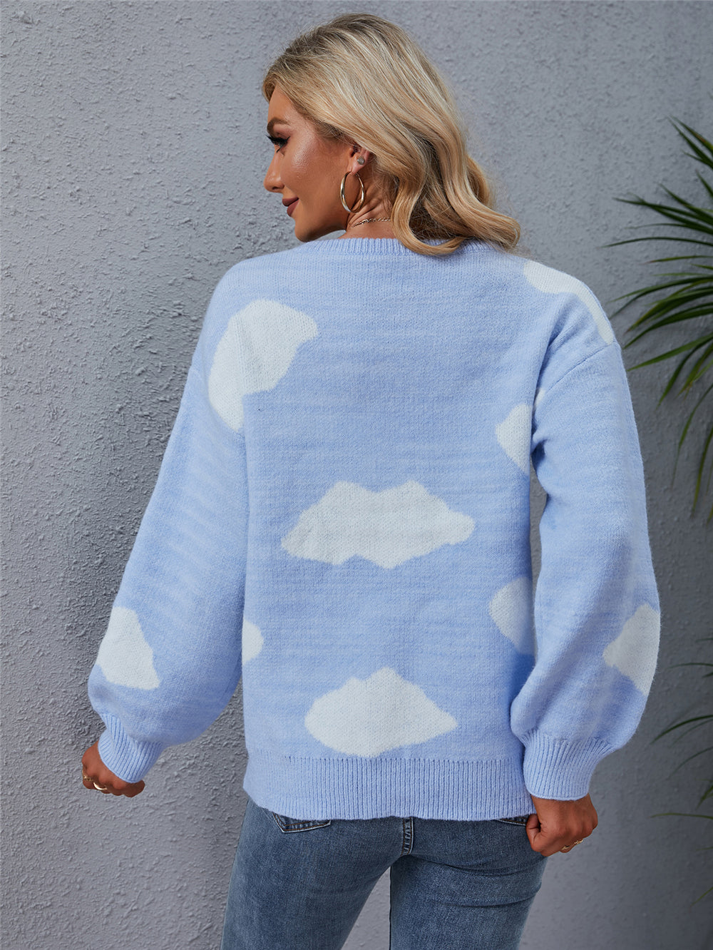 GR Weiß Wolkenmuster Rundhals Strickpullover