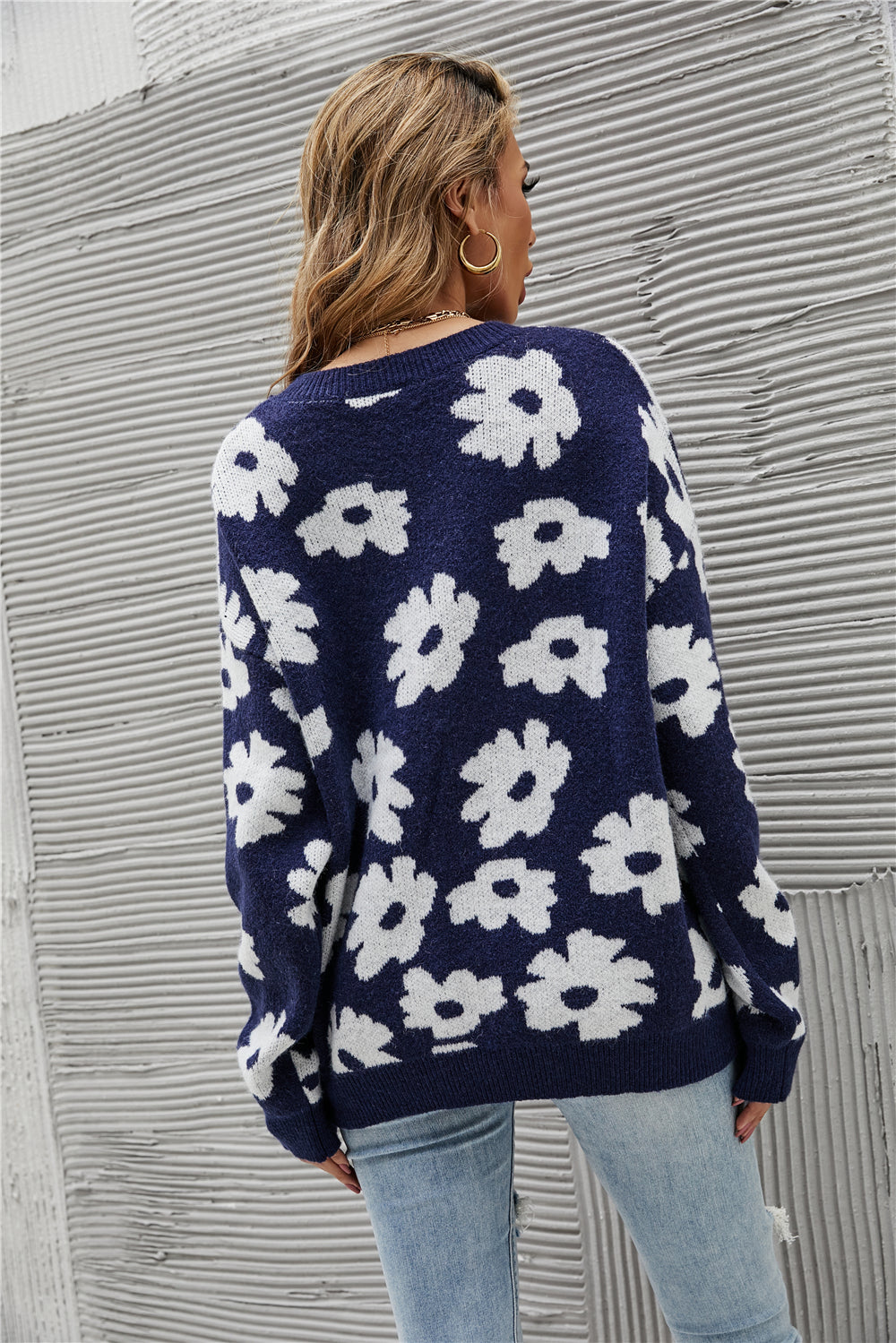 GR Blumen Rundhals Blauer Strickpullover