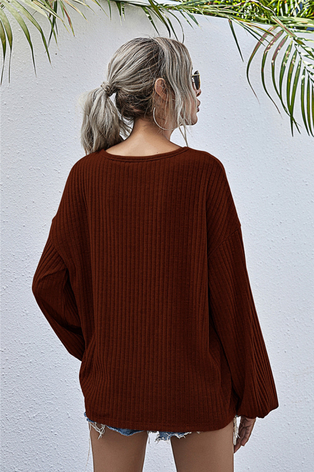 GR Round Neck Lantern Sleeve Casual Knitted Top