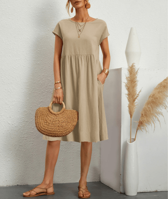GR | Baumwolle Leinen Kurzarm Midi Kleid