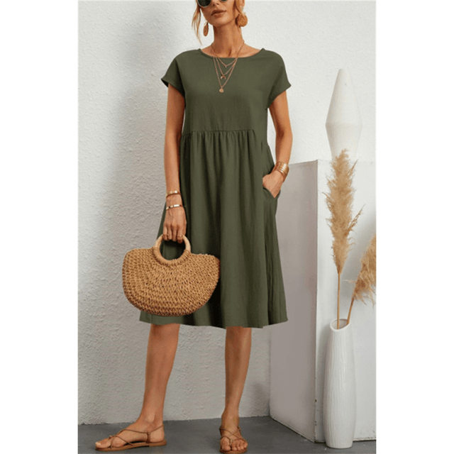 GR | Baumwolle Leinen Kurzarm Midi Kleid