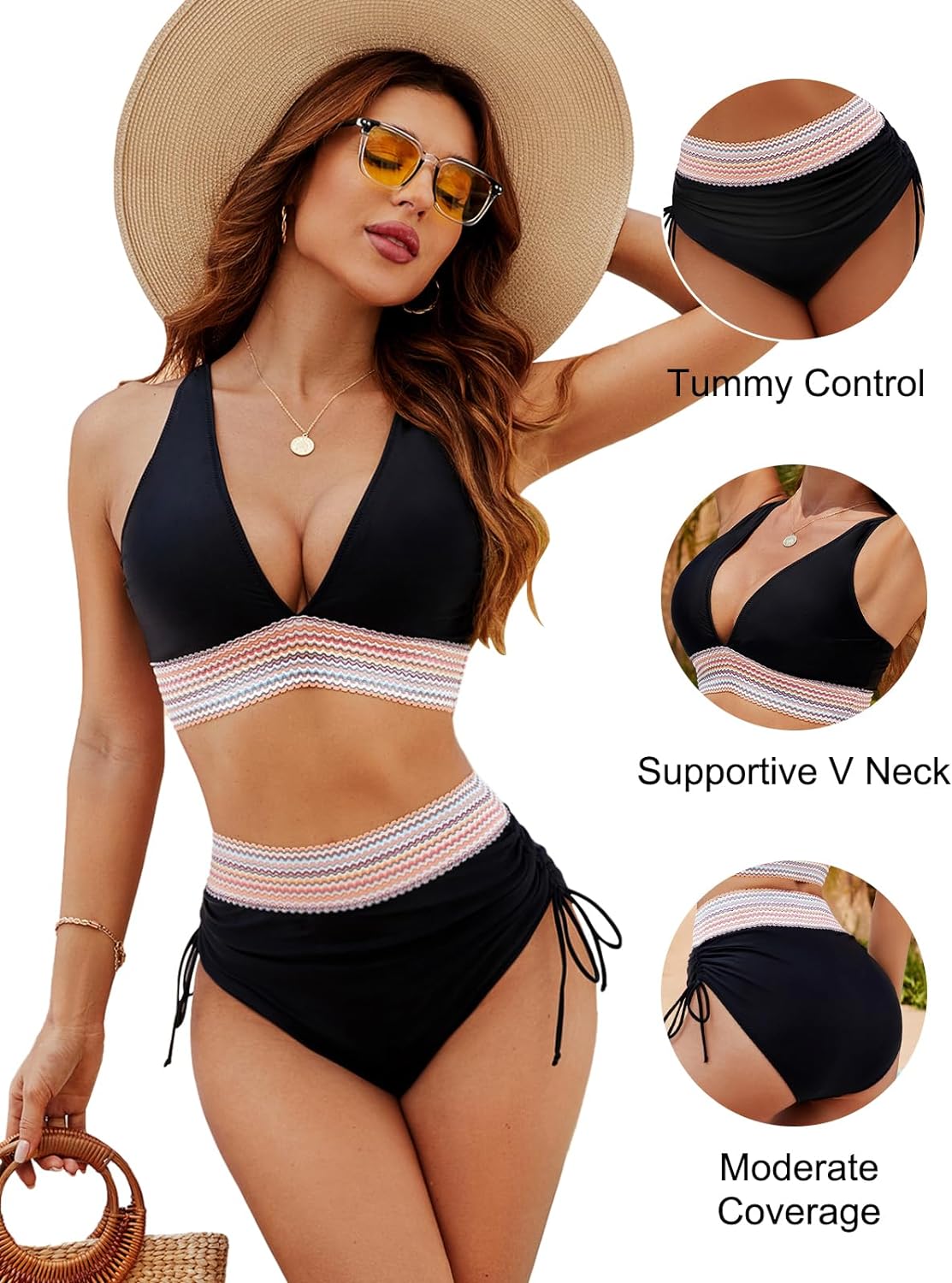 GR | High-waisted tummy control color block bikini sets
