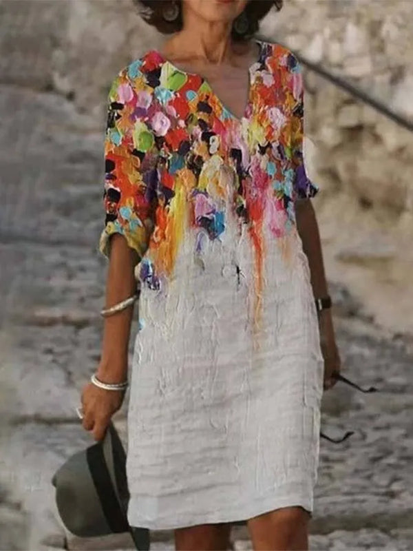 GR | Women's dress made of cotton and linen with a neckline and print featuring an oil painting