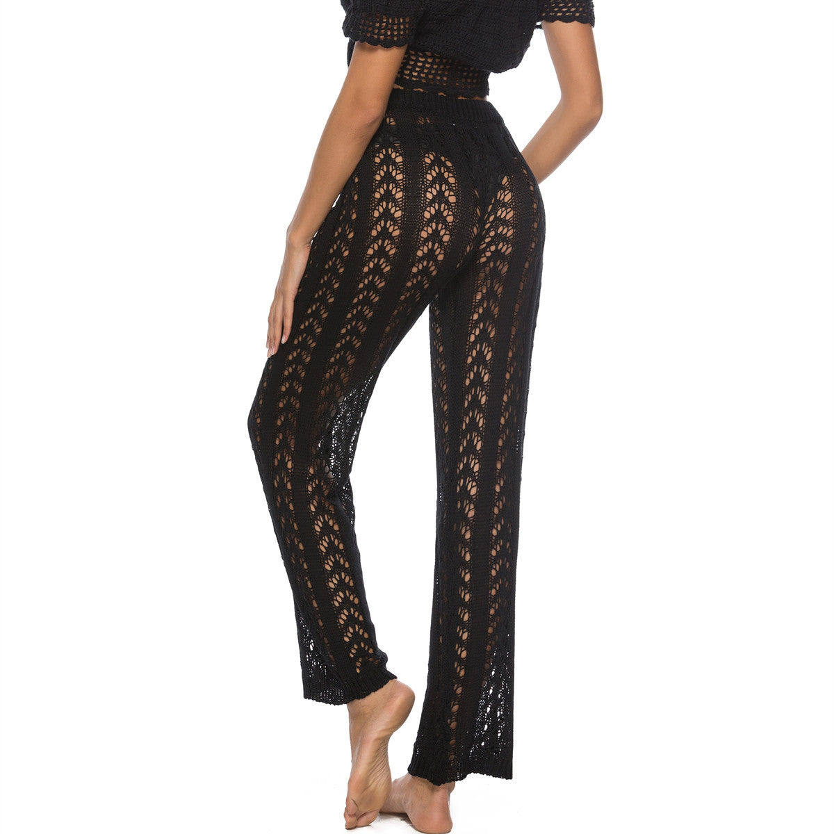 Damen elegante Häkelstrandhose mit luftiger Passform und elastischem Bund GR