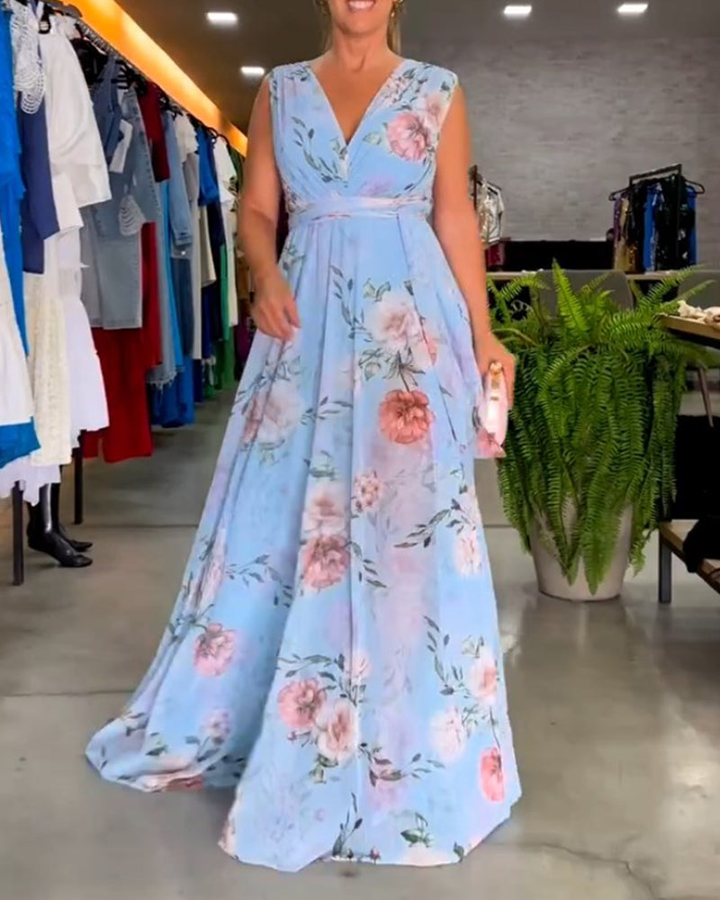 GR | Elegantes Ärmelloses V-Ausschnitt Floral Druck Kleid