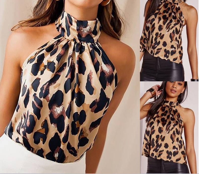 Women's sleeveless top with fashionable leopard print and chic collar, size [size missing]