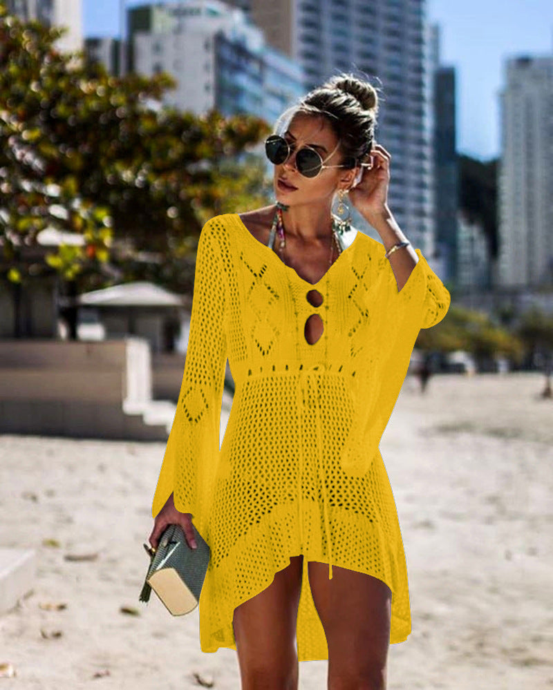 Women's airy crochet beach cover-up with V-neck and tie belt, size