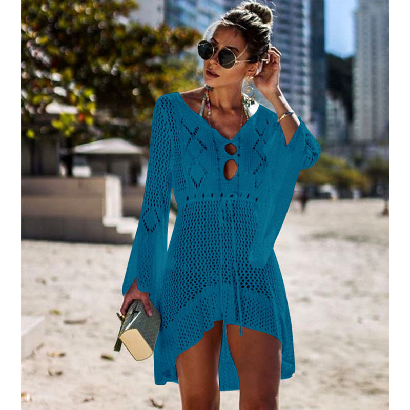 Women's airy crochet beach cover-up with V-neck and tie belt, size