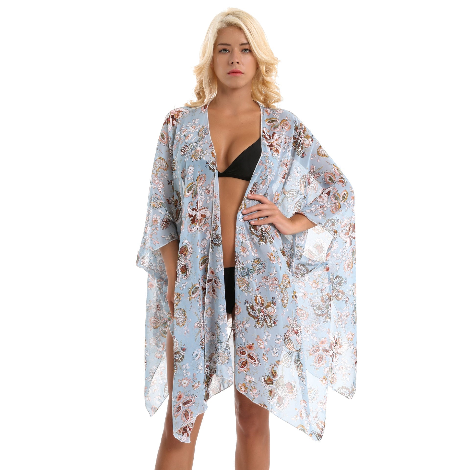 Women's elegant chiffon wrap with floral design and asymmetrical hem, size S