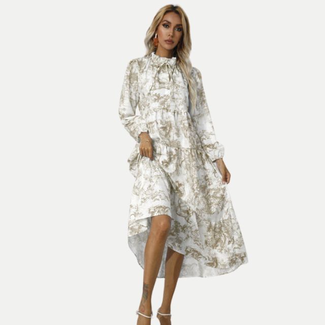 GR | Toile-Druck Midi-Kleid mit hohem Kragen